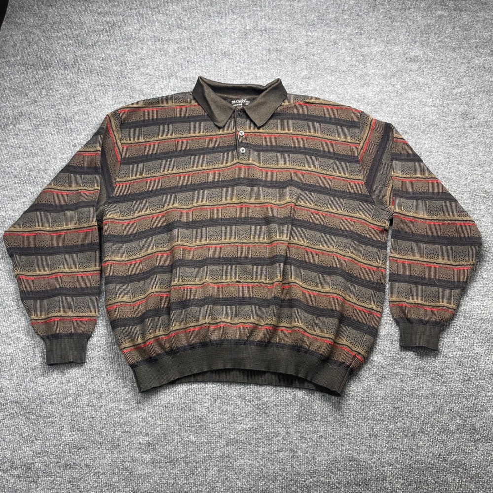St. Croix Shop Mens XXL Knit Polo Sweater Long Sleeve Striped Brown Made in USA